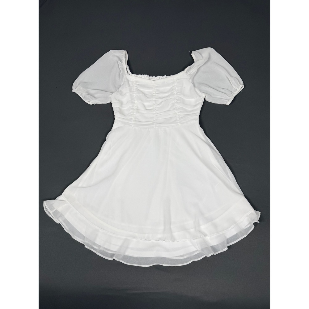 Altar'd State Mini Dress Women M White Ruched Smocked Puff Sleeve